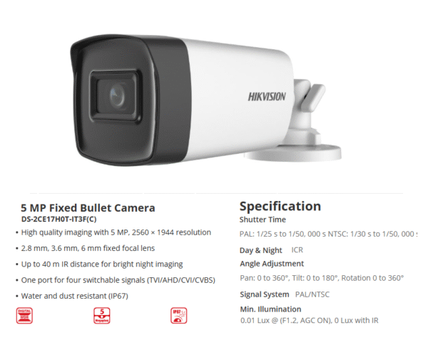 Cámara HV Bala Turbo 5 MP Lente Fijo 40Mtrs
